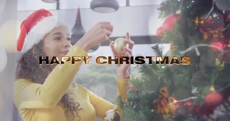 Sticker - Decorating Christmas tree, woman with Santa hat, HAPPY CHRISTMAS text animation