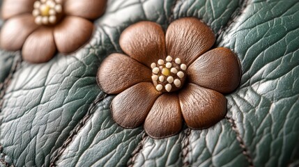 Close-up of two embossed leather flowers on a green background