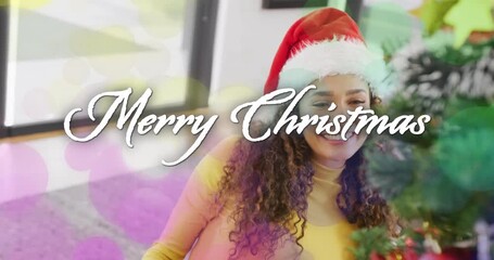 Sticker - Decorating Christmas tree, woman with Merry Christmas text animation