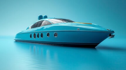 Sleek blue yacht with a distinctive profile and a sporty design