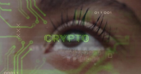 Poster - Circuit patterns and CRYPTO text animation over close-up of human eye