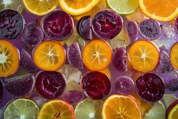 Wall Mural - A vibrant assortment of sliced citrus fruits floating in a colorful liquid.