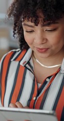Poster - Woman, tablet and employee typing with work brief and online contract with smile from company. Law firm, technology and female business person with digital lawyer information and happy from job