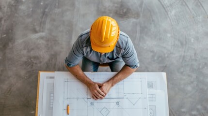 A construction worker in a hard hat and a project manager reviewing blueprints and architectural plans