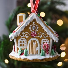 Wall Mural - Charming gingerbread house ornament hanging on a Christmas tree, ideal for holiday promotions, festive product packaging, or Christmas-themed blog posts.