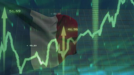 Sticker - Animating financial graph over waving flag and grid background