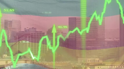 Sticker - Green financial graph animation over cityscape with buildings and flag background