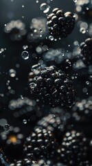 Wall Mural - A close-up of blackberries surrounded by water droplets, creating a refreshing visual effect.