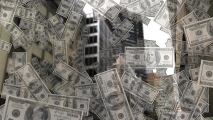 Sticker - Falling dollar bills animation over business people in office building