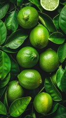 Wall Mural - A vibrant arrangement of green limes surrounded by lush leaves.