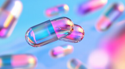 Poster - Capsules float gracefully in a vibrant atmosphere, enhanced by shimmering bokeh lights