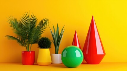 Poster - Bold geometric shapes stand alongside lush plants against a cheerful yellow background