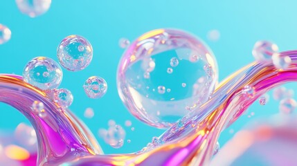 Colorful fluid waves interact with bubbles, creating a mesmerizing visual effect