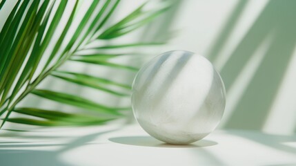 Aufkleber - A marble circle rests on a surface, illuminated by sunlight filtering through palm leaves