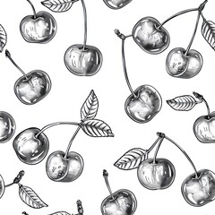 Canvas Print - A monochrome pattern featuring cherries with leaves on a white background.