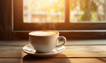 Canvas Print - White coffee cup on wooden table with sunlight