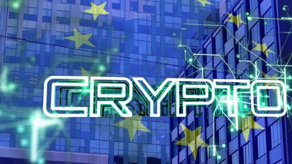 Poster - CRYPTO text animation over European Union stars and modern building background