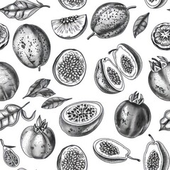 Canvas Print - A monochrome illustration of various fruits and leaves, showcasing their textures and shapes.