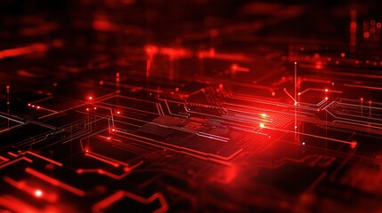 Poster - Red Circuitry: A close-up, abstract image of a red circuit board with glowing lights,  evoking themes of technology, innovation, and connectivity. 