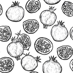 Sticker - A pattern featuring hand-drawn pomegranates and their sections on a white background.