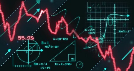 Poster - Mathematical equations and graphs animation over fluctuating red line graph