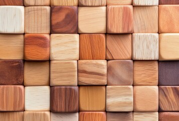 Poster - Wooden blocks of varying sizes and colors create a visually appealing, textured pattern on a flat surface