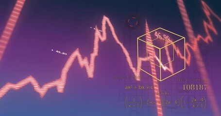 Sticker - Mathematical equations and 3D cube animation over fluctuating stock market graph