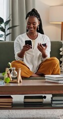 Canvas Print - Happy woman, phone and credit card for online shopping in home by internet, web or app. African person, customer and smile for purchase, sale and successful payment by network, cellular or connection