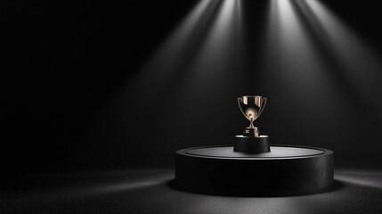a photo of an empty 3d podium with a football trophy and spotlight beams, isolated on a dark black b