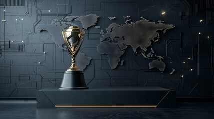 a photo of an empty 3d podium with a football trophy and shimmering world map, isolated on a dark si