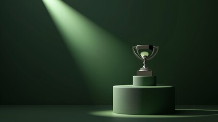 a photo of an empty 3d podium with a football trophy in the spotlight, isolated on a dark green back