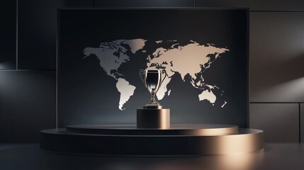 a photo of an empty 3d podium with a football trophy and shimmering world map, isolated on a dark si