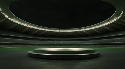 a photo of an empty 3d podium with a wide-angle view of a modern stadium, isolated on a dark green b