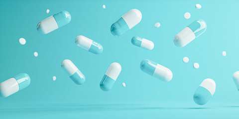 Floating white and blue capsules against a serene turquoise background, symbolizing modern pharmaceutical innovation and healthcare.