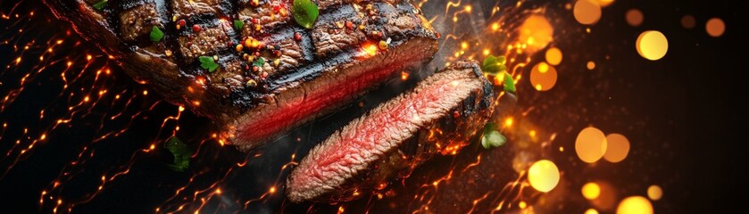 Wall Mural - Precision Sliced Steak on Digital Grill with Futuristic BBQ Vibes and Vibrant Colors