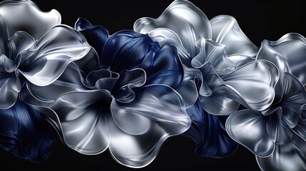an abstract 3D object with amorphous shapes made of glass, silver and dark blue plastic. 