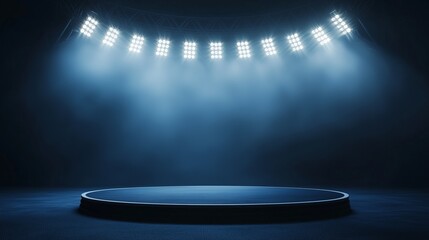 a photo of an empty 3d podium in the center of a stadium, illuminated by bright floodlights, isolate