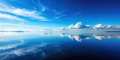 Clear, bright image of a tranquil water surface reflecting the blue sky, creating a smooth and fresh appearance, , light, reflection