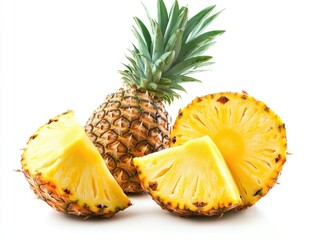 A whole pineapple with two slices on a white background.