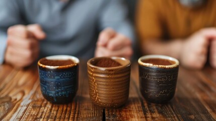 Closeup of traditional Arab coffee session with ceramic cups and blurred out friends in the background showcasing the cultural and social aspect of this ritual gathering