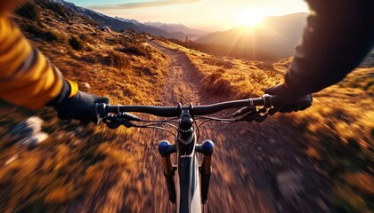 Mountain biking on rugged trails, vibrant scenery, thrilling ride, dynamic action