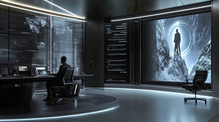 Poster - Futuristic Office Interior with a View of a Man Standing on a Mountaintop