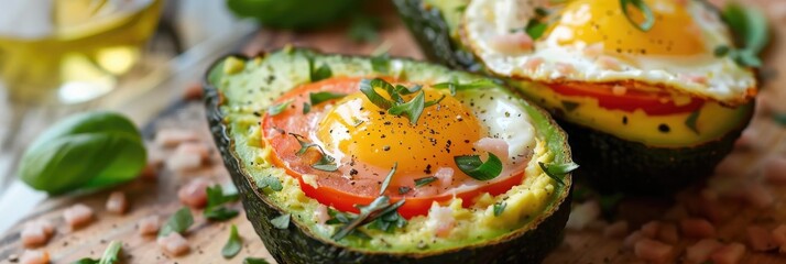 Canvas Print - Avocado filled with egg, ham, tomatoes, and cheese - a delicious low-carb lunch option straight from the oven.