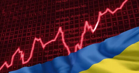 Sticker - Rising stock market graph animation over Ukrainian flag with programming code background