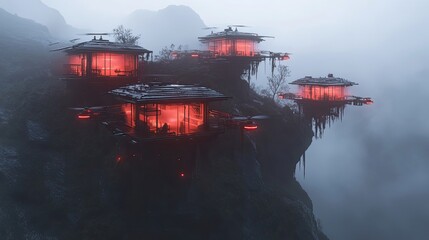 Sticker - Futuristic Houses on Mountain Cliffs in Fog