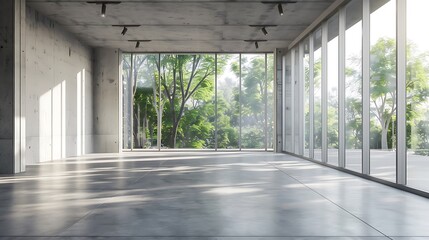 Sticker - Spacious Concrete Room with Large Windows Overlooking Lush Greenery