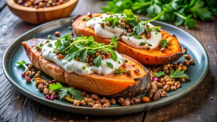 Wall Mural - Vibrant sweet potatoes overflowing with flavorful salmon and lentil mixture, topped with refreshing Greek yogurt, herbs, and spices, accompanied by a fresh side salad.