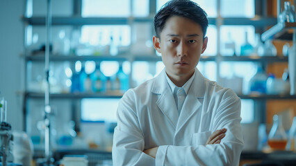 Wall Mural - Asian male chemist, copy space, looking at the subject with a serious or sad expression