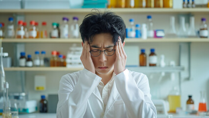 Wall Mural - Asian male chemist, copy space, struggling with head in hands