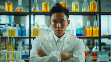 Wall Mural - Asian male chemist, copy space, looking at the subject with a serious or sad expression